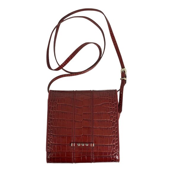 Brighton Oxblood Embossed Croc Leather Organizer Trifold Crossbody Bag EUC - Picture 1 of 14